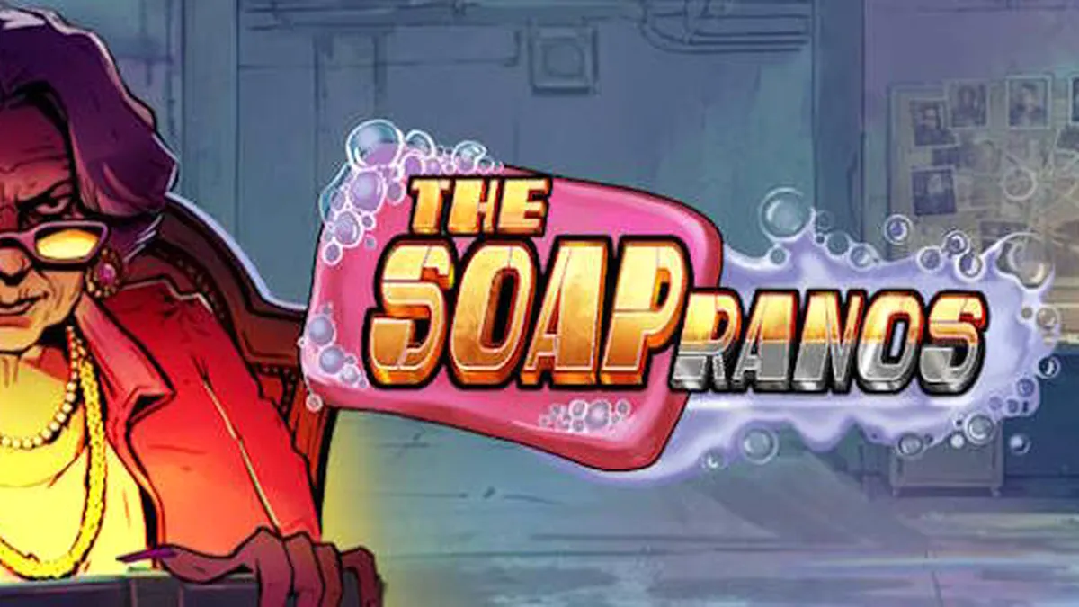 Captura de tela do jogo The Soapranos by Peter & Sons, mostrando a grade 5x3 com símbolos temáticos de máfia e luzes de néon, destacando a ação de cascata e Wilds.